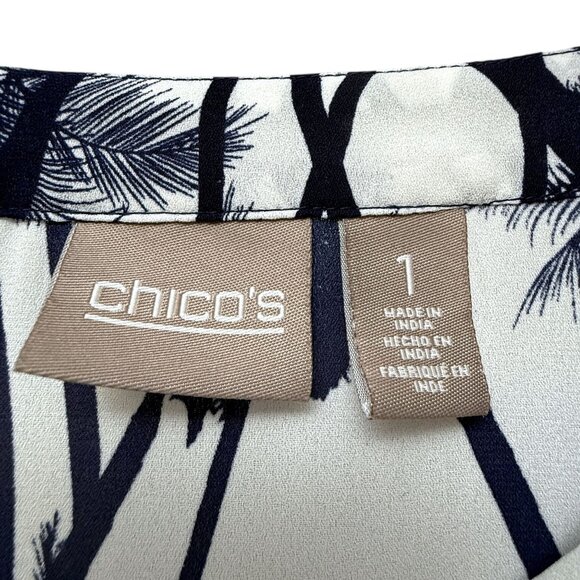 CHICO'S Palm Trees Blouse Navy Blue Medium (Chicos 1) 3/4 Sleeve Womens Top - Picture 4 of 9